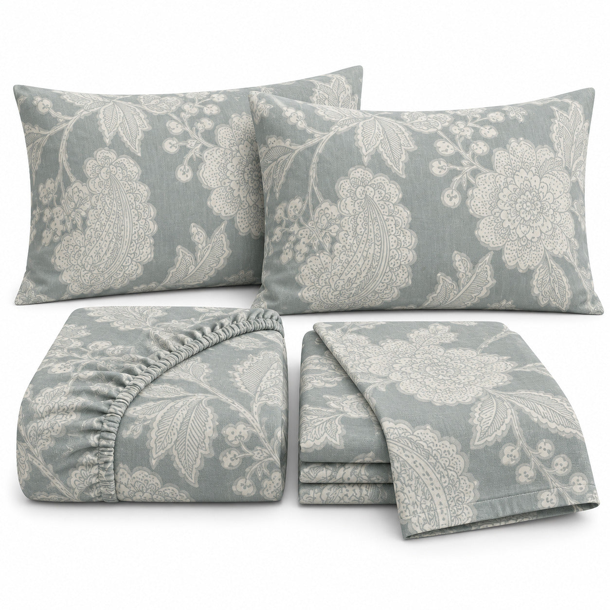 Aarniva 100% Cotton Paisley Floral Bedsheet Set | King | Soft & Breathable | Misty Sage Paisley | 200 TC | 4-Piece Set