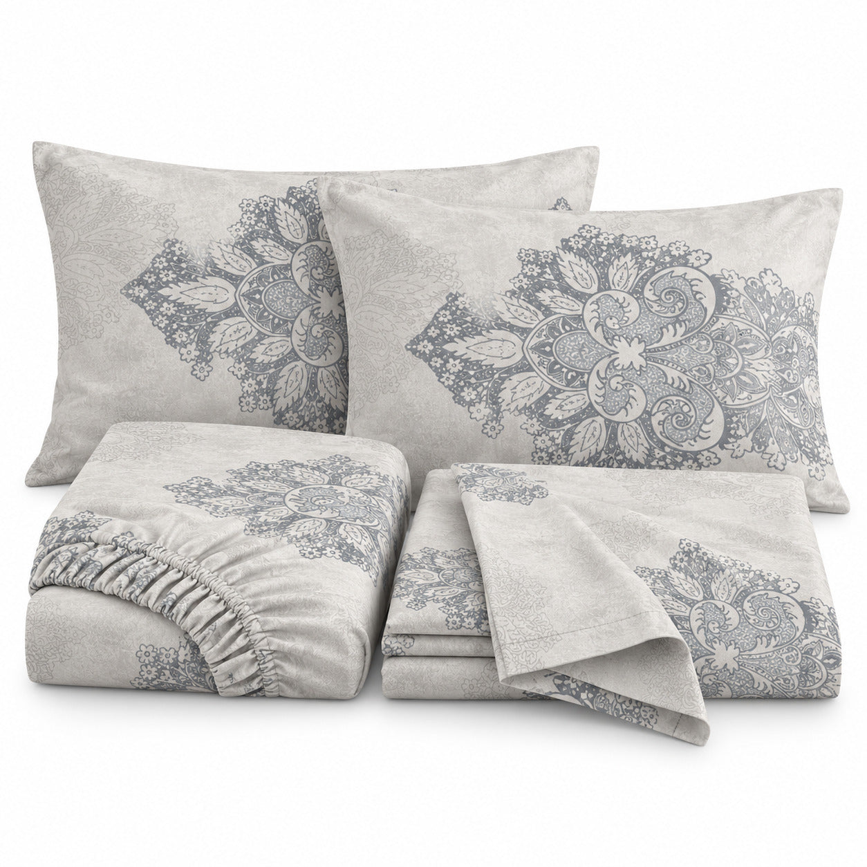 Aarniva 100% Cotton Ornamental Bedsheet Set | King | Soft & Breathable | Misty Blue Medallion | 4-Piece Set