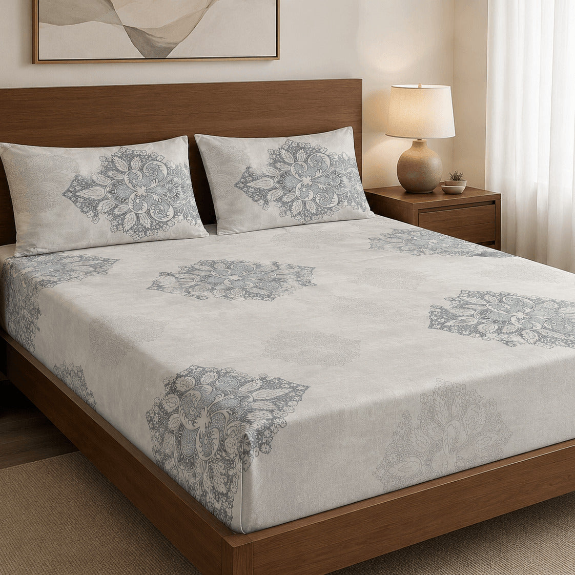 Aarniva 100% Cotton Ornamental Bedsheet Set | King | Soft & Breathable | Misty Blue Medallion | 4-Piece Set