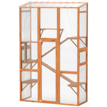 PawHut Wooden Catio Outdoor Cat Enclosure with 6 Jumping Platforms, Scratching Post, 2 Ramps, Waterproof Roof, for 2-3 Kittens