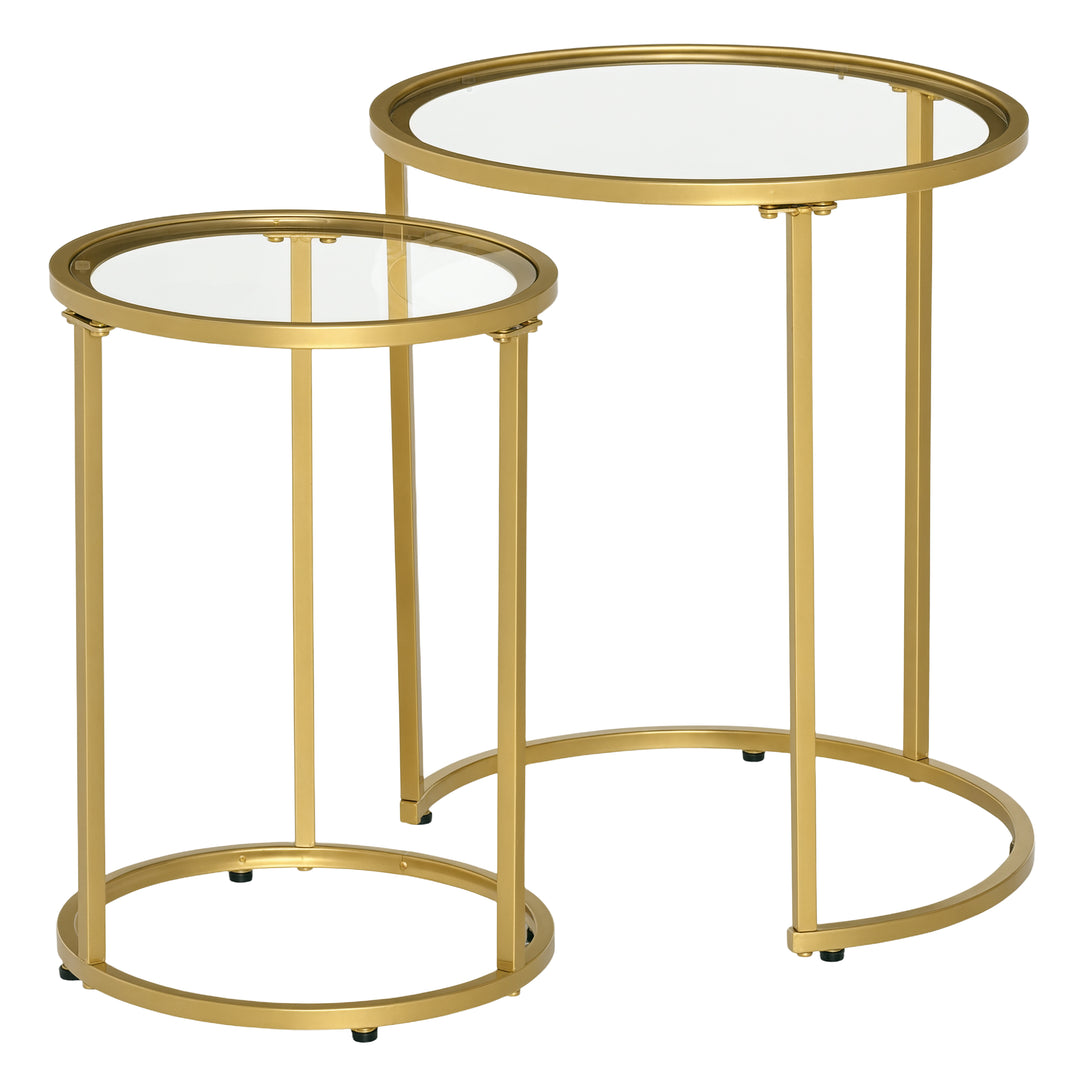 HOMCOM Set of 2 Nesting Coffee Tables with Metal Base, Round Side Table with Tempered Glass Tabletop for Living Room, Bedroom, Black