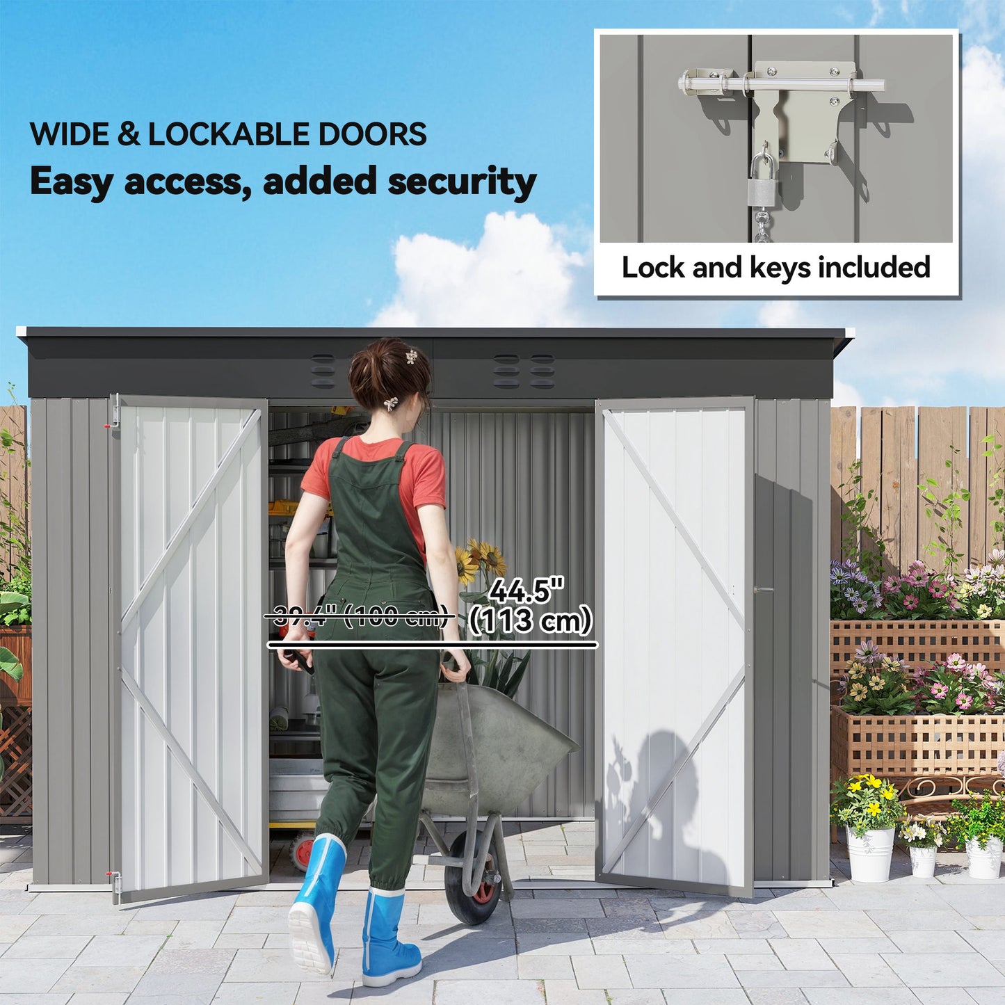 Outsunny 9' x 4' Galvanized Steel Garden Storage Shed with Lockable Doors, Gloves and 2 Air Vents for Backyard, Patio, Lawn