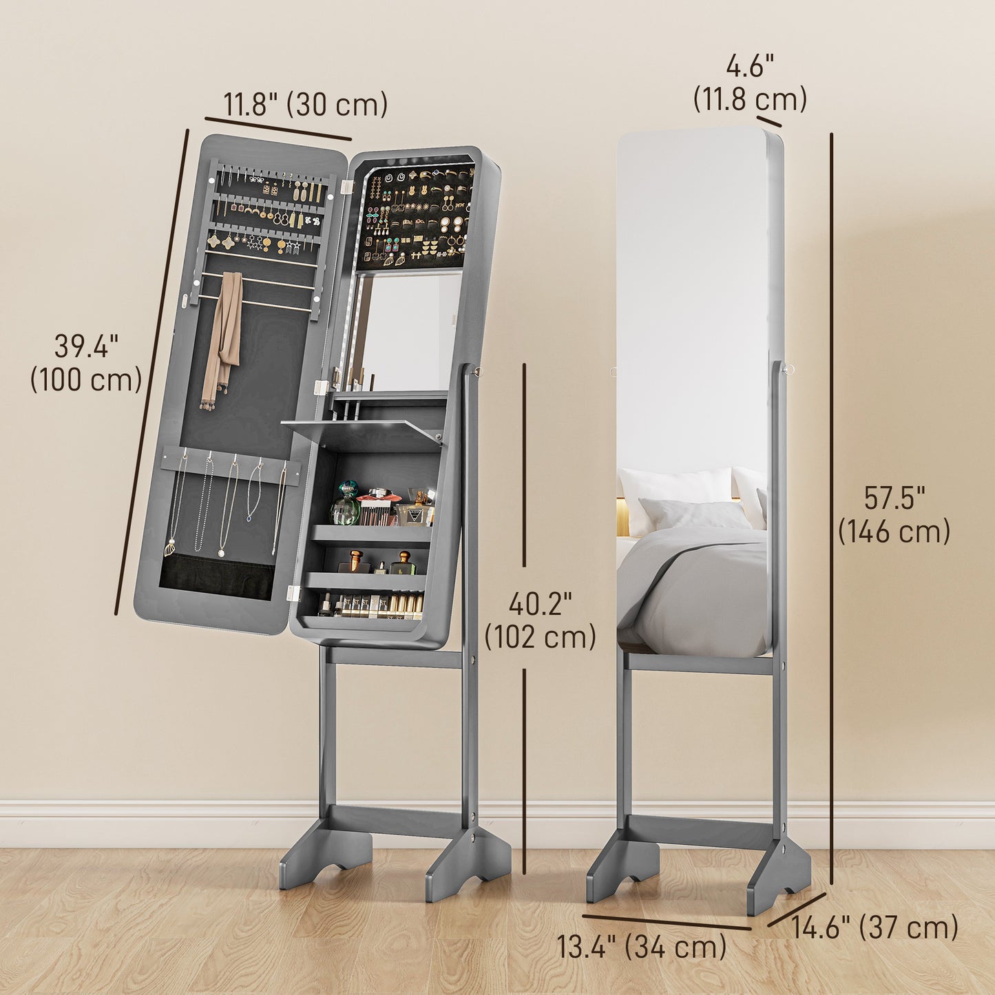 HOMCOM Freestanding Mirror Jewelry Cabinet Armoire, LED Lighted Jewelry Organizer with Stand, Angle Adjustable, White