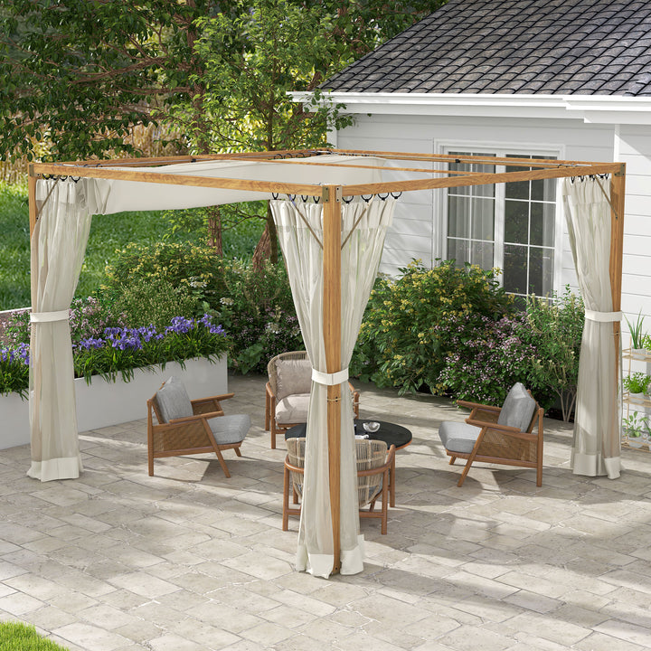Outsunny 10 x 10 ft Retractable Pergola, Garden Gazebo Shelter with Nettings for Grill, Patio, Deck, Natural