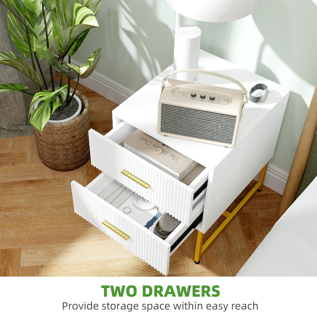 HOMCOM 2 Pieces Nightstands with Storage, Modern Bedside Tables with 2 Fluted Drawers and Gold Legs for Bedroom, White