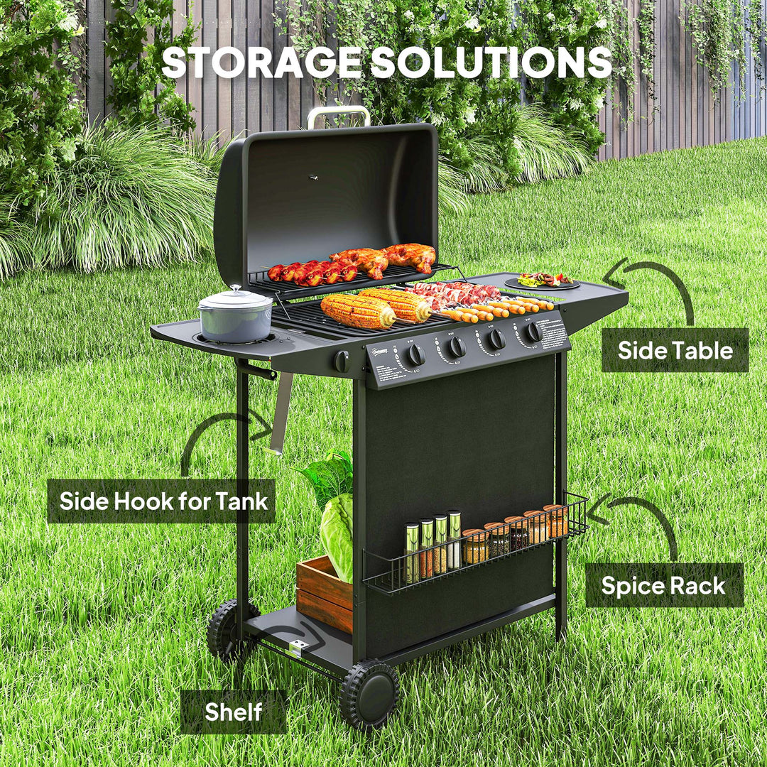 Outsunny 4+1 Burner Propane Gas BBQ Grill, Portable Gas Barbecue Grill with Side Burner, Thermometer, Lid, Side Table, Shelf, Spice Rack, Wheels, Grease Cup for Garden, Black