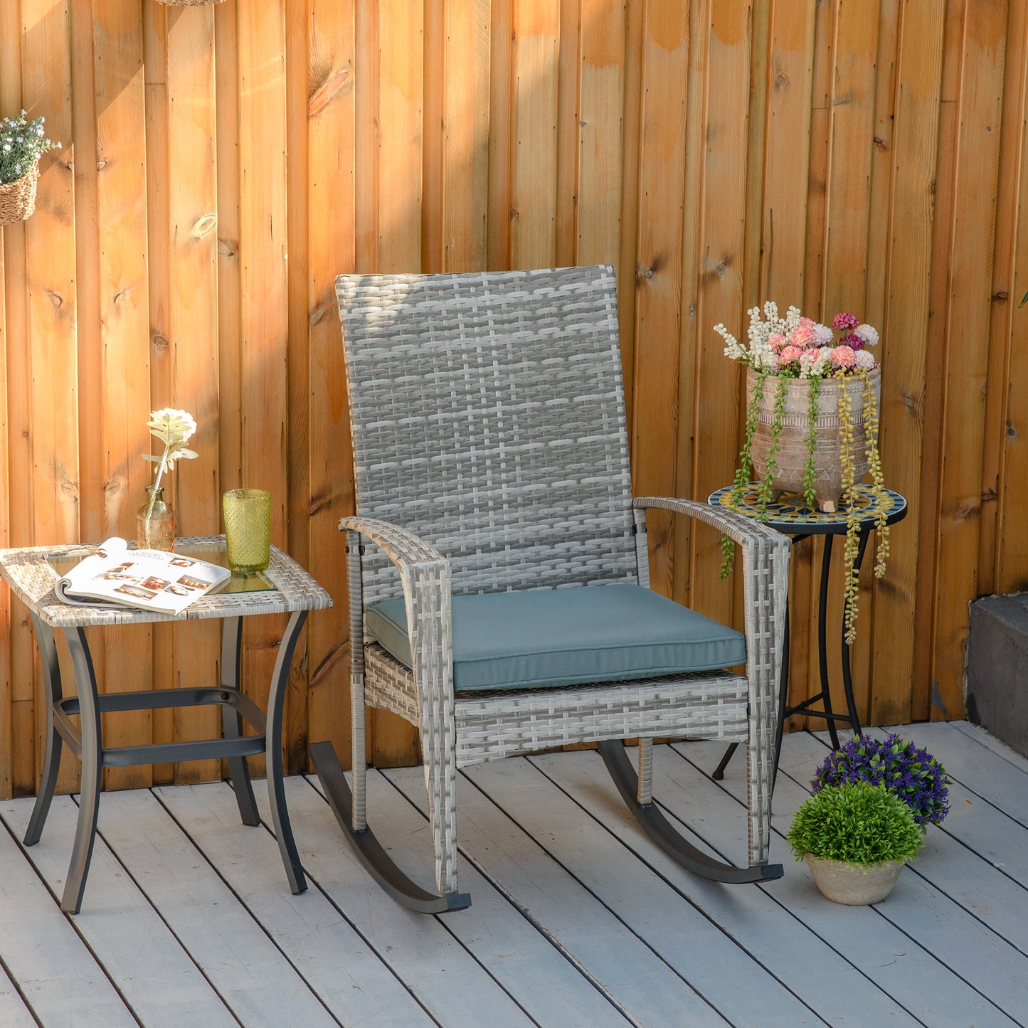 Outsunny Outdoor PE Rattan Rocking Chair, Garden Glider Rocking Chair, Wicker Patio Chair Set with Armrest and Cushion, Grey
