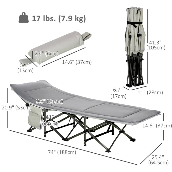 Outsunny Folding Camping Cot with Mattress & Pillow, Double Layer Oxford Heavy Duty Sleeping Cot with Carry Bag Light Grey