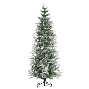 HOMCOM 7.5 Feet Pencil Snow Flocked Artificial Christmas Tree with 880 Realistic Cypress Branches, Auto Open, Green