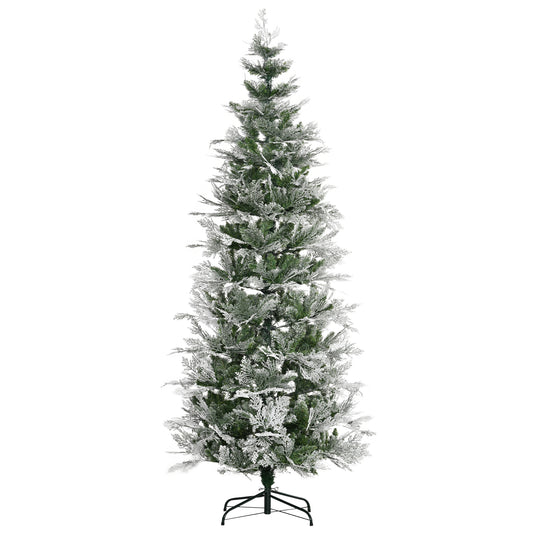 HOMCOM 7.5 Feet Pencil Snow Flocked Artificial Christmas Tree with 880 Realistic Cypress Branches, Auto Open, Green