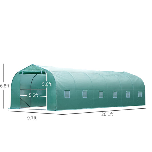 Outsunny 26' x 10' x 7' Large Steeple Walk-in Greenhouse Outdoor Garden Plant Seed Tunnel Grow Tent Steel Frame, Green