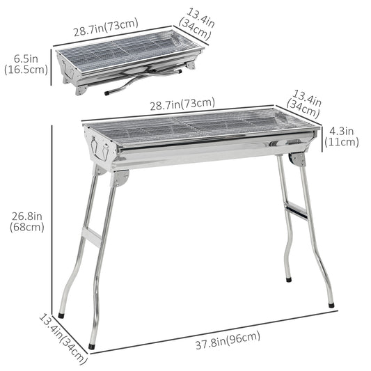 Outsunny Stainless Steel Charcoal BBQ Grill, Portable Barbecue Grill with Handles for Outdoor, Cooking, Camping, Picnic