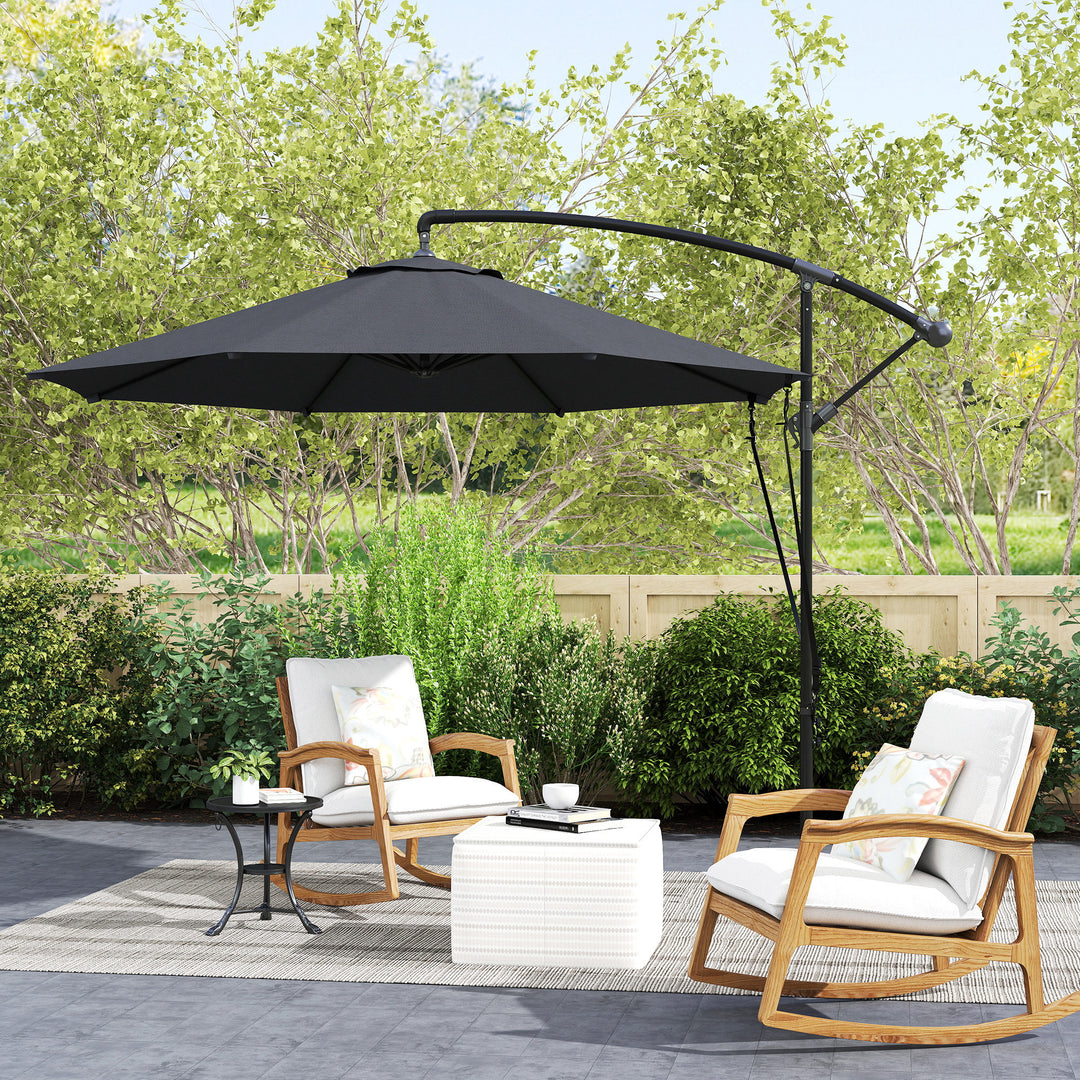 Outsunny 9.5' Cantilever Umbrella with Wind Protection Strap and Cover, Hanging Umbrella with Crank and Cross Base, UPF 50+, Grey