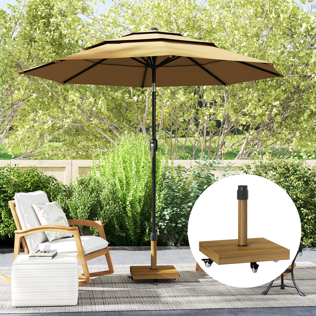 Outsunny 57 lbs Metal Square Patio Umbrella Base Holder, Outdoor Umbrella Stand with Wheels, Heavy Duty Patio Umbrella Stand Base for Garden, Poolside, Nature Wood