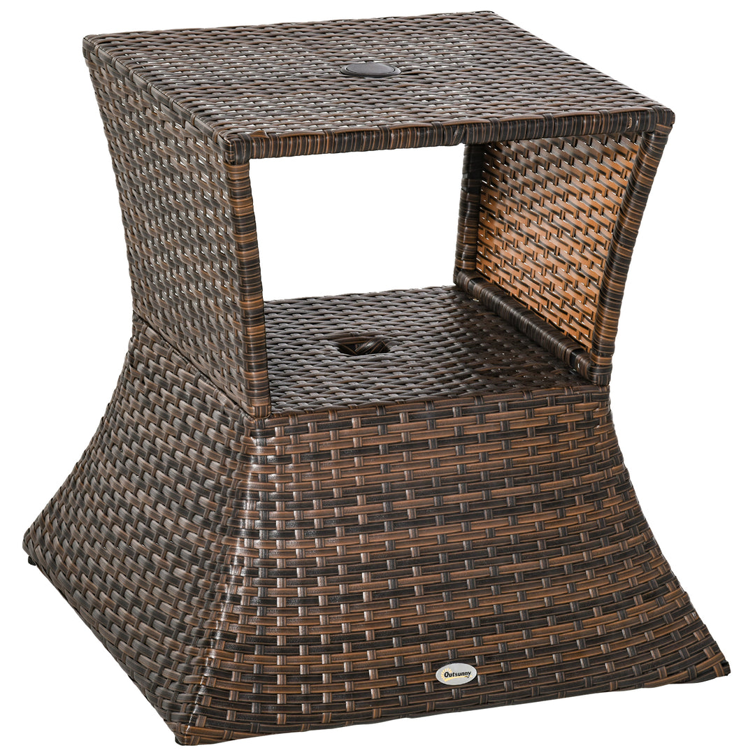 Outsunny Rattan Wicker Side Table, 21.3" Square Outdoor End Table with Umbrella Hole 2-Tier Storage for Patio Garden Mixed Brown