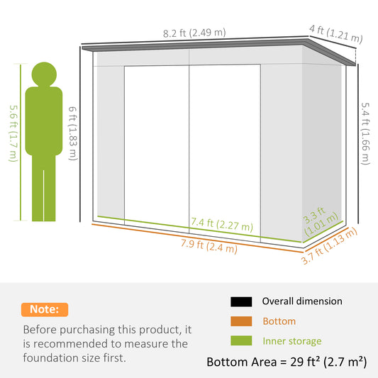 Outsunny 8 x 4FT Galvanized Garden Storage Shed, Metal Outdoor Shed with Double Doors and 2 Vents, Light Grey
