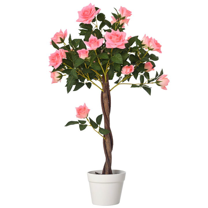 Outsunny 3FT Artificial Plant Pink Rose Floral in Pot, Fake Plant for Home Indoor Decor