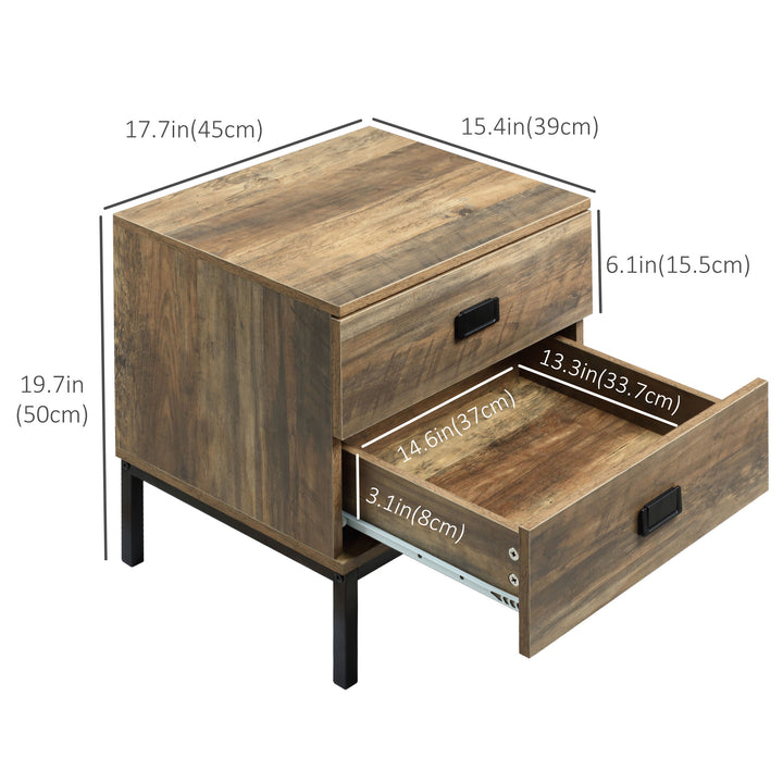 HOMCOM Nightstand with Storage, Retro Bedside Table, Side Table with 2 Drawers, Steel Frame for Bedroom, Coffee