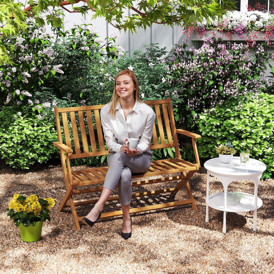 Outsunny 46.5" Foldable Wood Outdoor Bench with Backrest and Armrests for Outdoors, Patio, Porch, Park, Teak