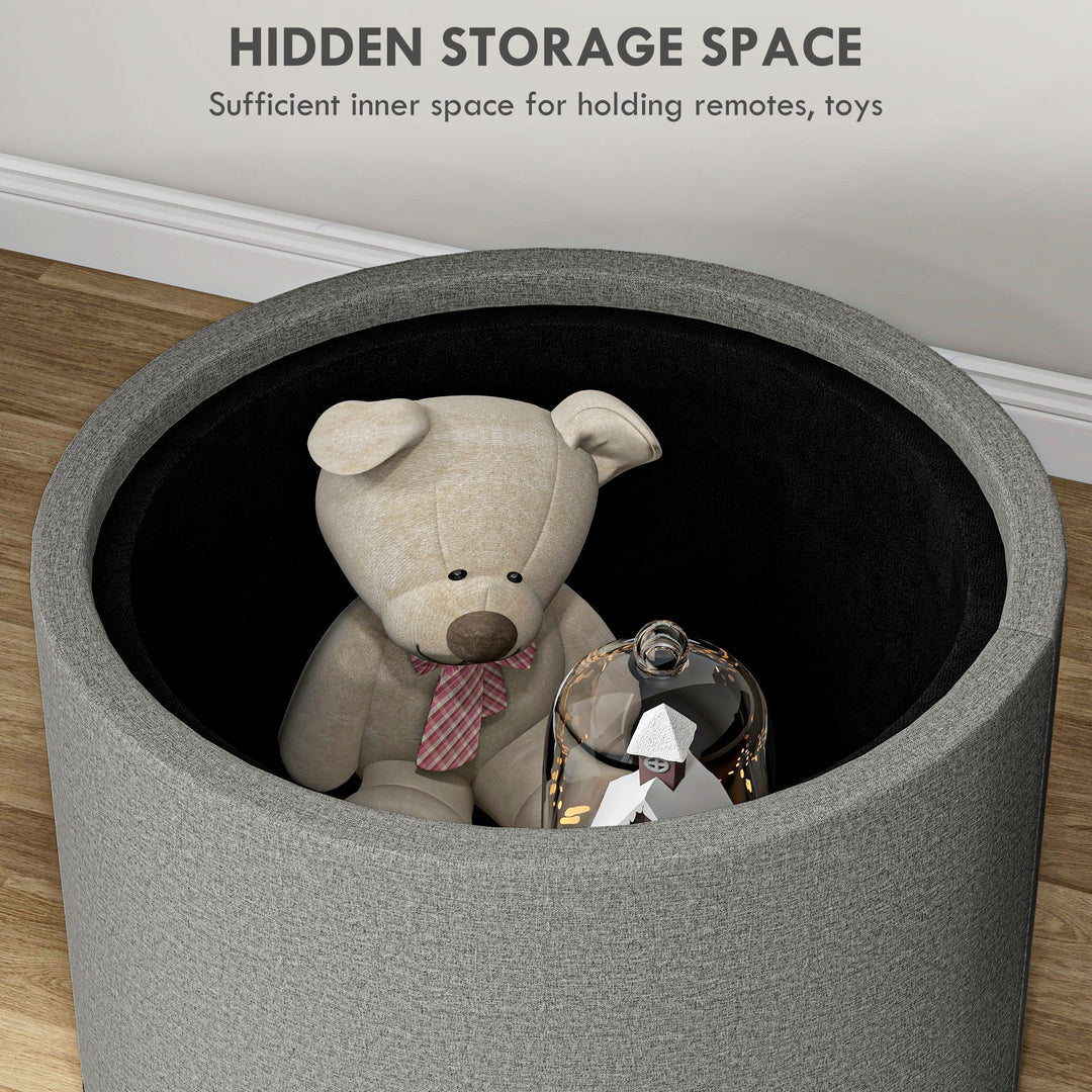 HOMCOM Round Coffee Table, End Table with Hidden Storage and Tray Top, Linen Upholstered Footrest for Living Room