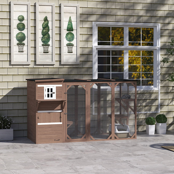 PawHut Wooden Cat Catio, 76"L Walk in Outdoor Cat House with Asphalt Roof, Platforms, Lockable Doors, 3-tier Resting Condo, Observation Window, for 2-3 Cats, Light Grey