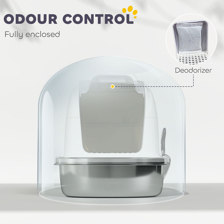 PawHut Large Stainless Steel Cat Litter Box with Lid, Enclosed Cat Litter Box with Flip Cover, Scoop