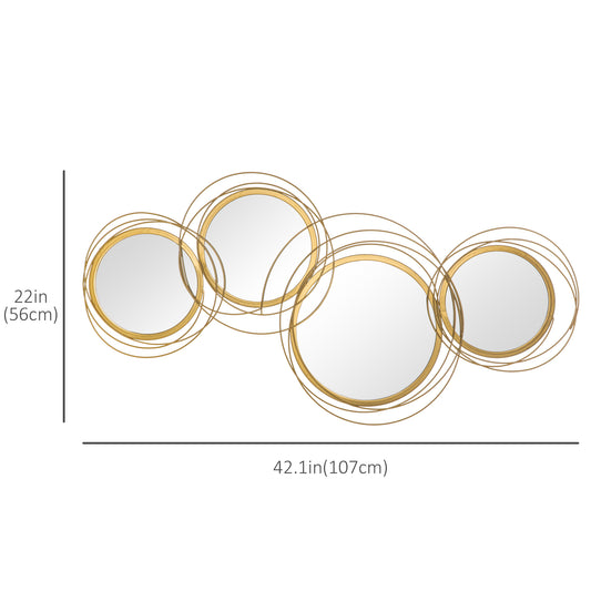 HOMCOM Metal Wall Art Gold Frame Circle Bathroom Mirror Decor Home Hanging Wall Sculptures for Living Room Bedroom Dining Room, 42.25" W x 22" H, Gold