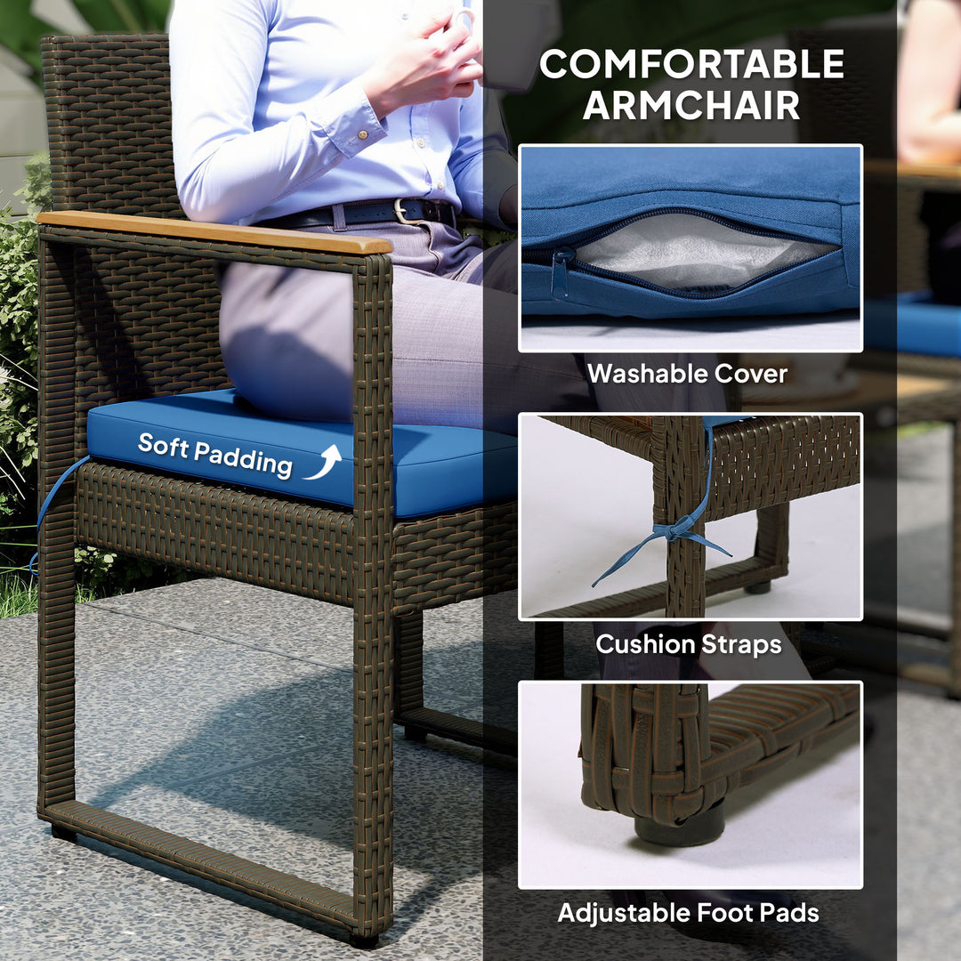 Outsunny 3 Pieces Wicker Patio Furniture Set, Rattan Bistro Set w/ Acacia Wood Table & Removable Cushions, Dark Blue