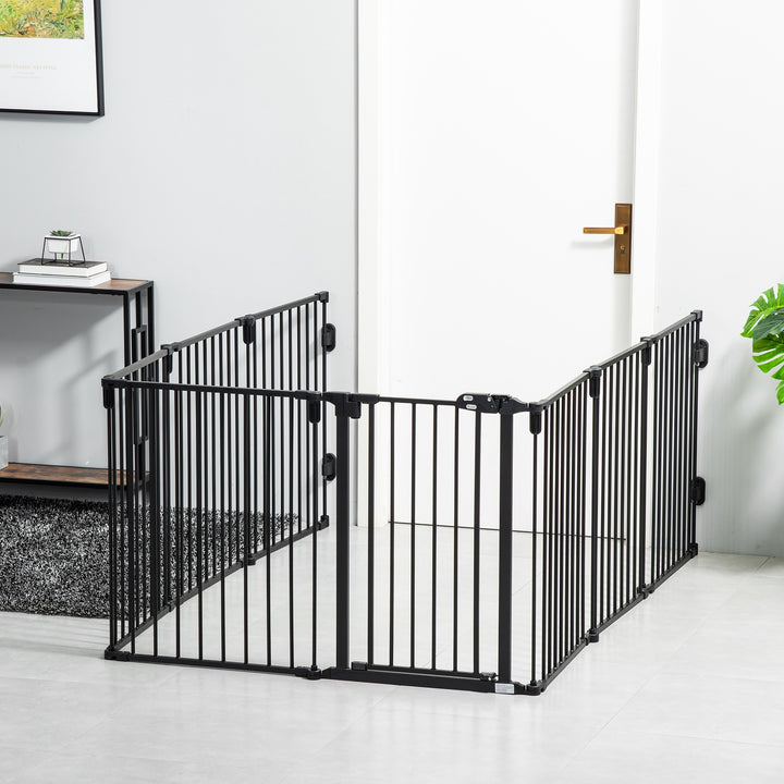 PawHut Dog Safety Gate 8-Panel Playpen Fireplace Christmas Tree Steel Fence Stair Barrier Room Divider Black