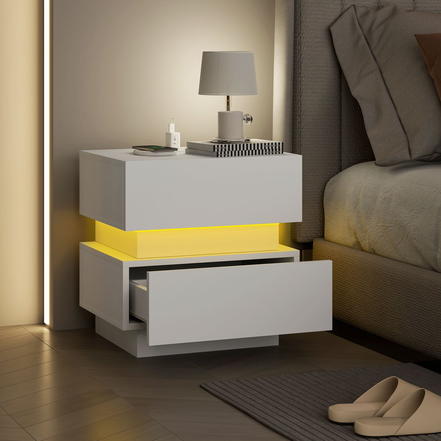 HOMCOM Bedside Table with Charging Station and LED Light Modern Nightstand with USB Ports AC Outlets Drawers Remote, Black