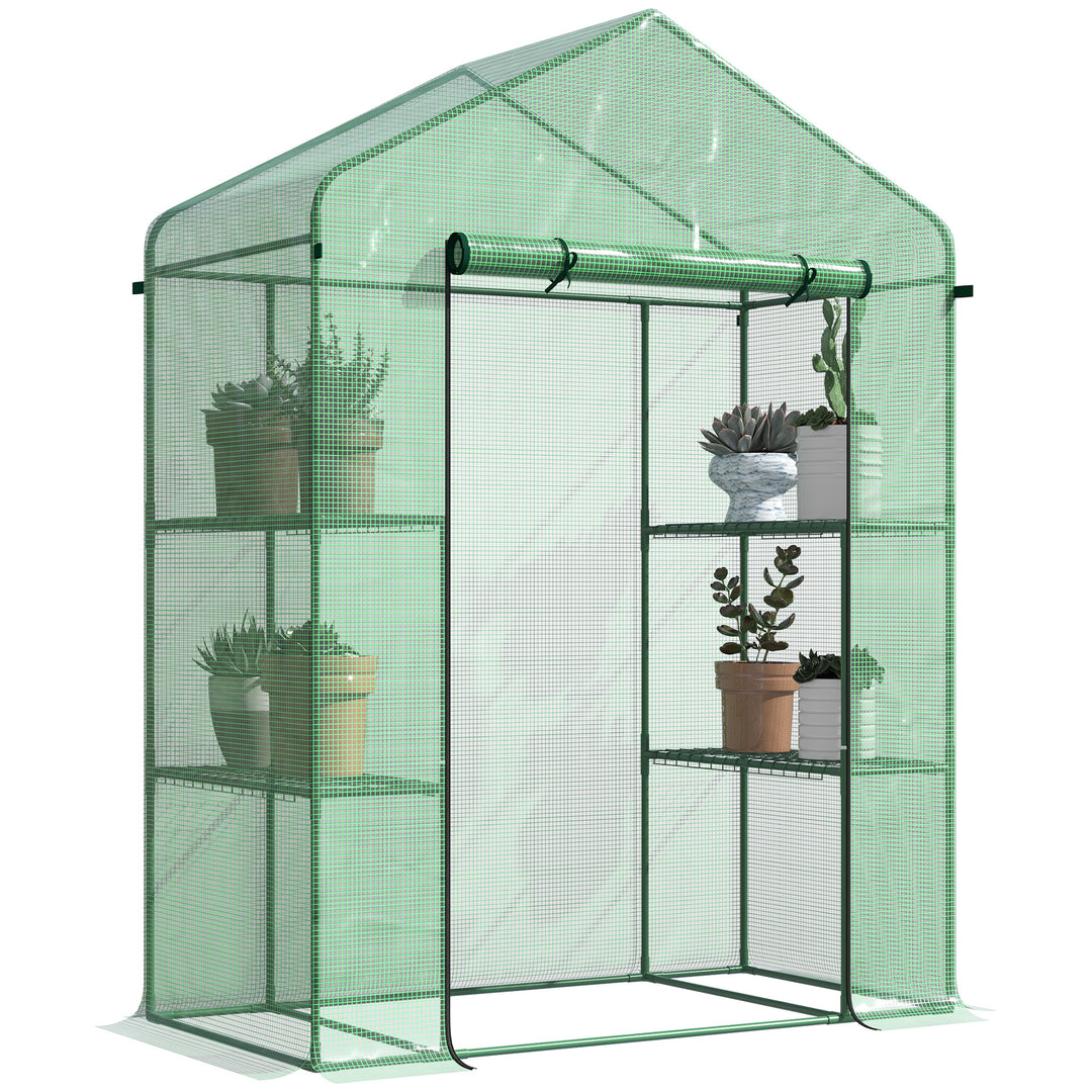 Outsunny 56" x 29" x 77" Walk-in Greenhouse, Mini Greenhouse with 4 Shelves, Roll-Up Door and Weatherized Cover, Clear
