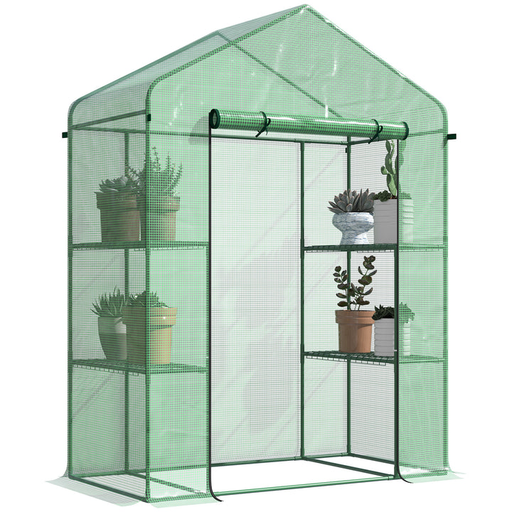 Outsunny 56" x 29" x 77" Walk-in Greenhouse, Mini Greenhouse with 4 Shelves, Roll-Up Door and Weatherized Cover, Clear