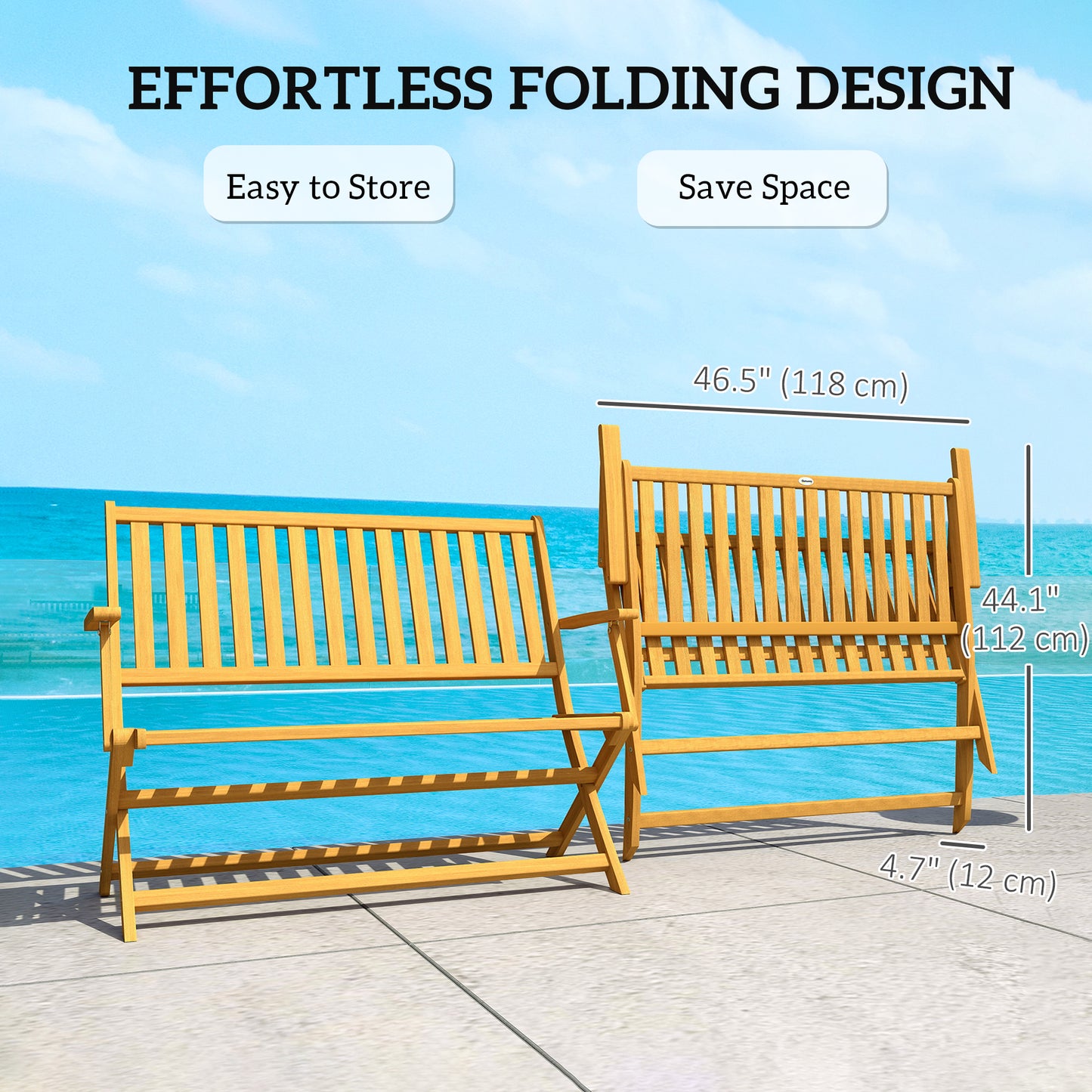 Outsunny 46.5" Foldable Wood Outdoor Bench with Backrest and Armrests for Outdoors, Patio, Porch, Park, Teak