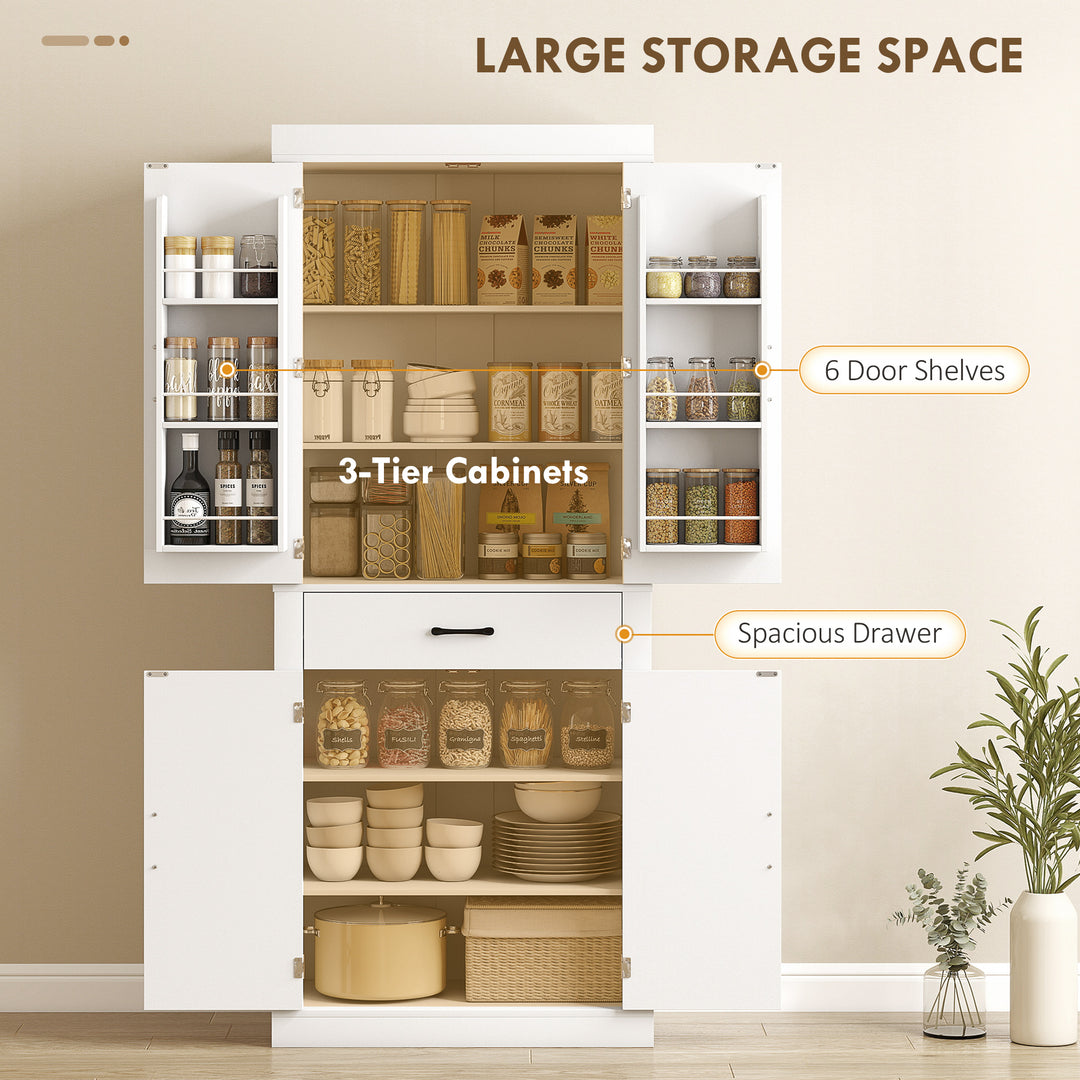 HOMCOM 72" Kitchen Pantry Cabinet, Farmhouse Kitchen Storage Cabinet with 4 Barn Doors, 6 Door Shelves, Drawer, Black