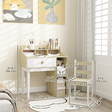 Qaba Kids Desk and Chair Set with Storage Shelves, Drawer, for 3-10 Years, White