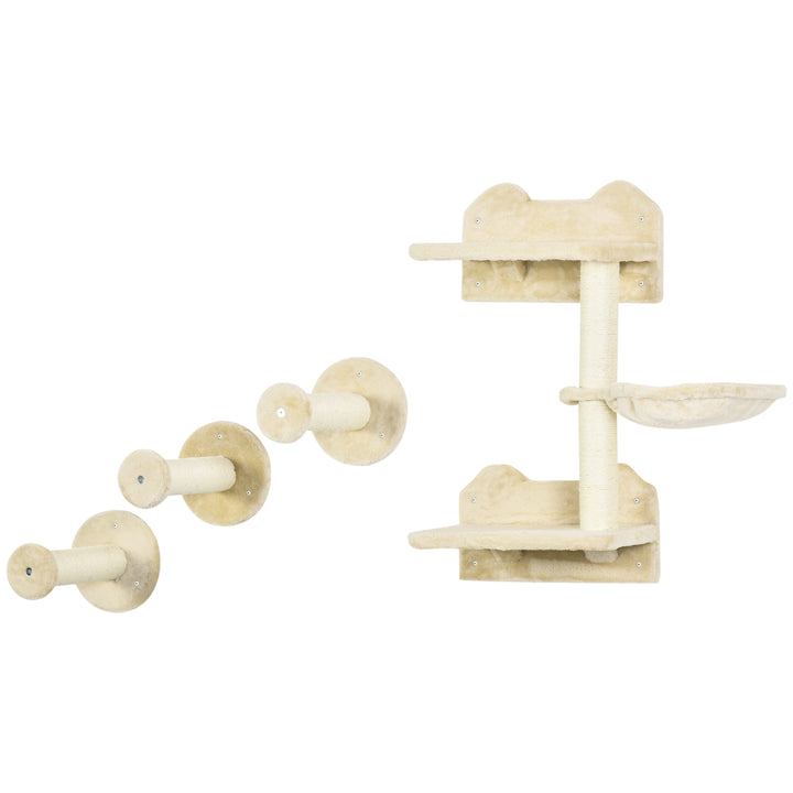 PawHut 4Pcs Cat Wall Shelf with Scratching Posts, Hammock, Steps, Platforms, Cat Shelves for Relaxing, Sleeping, Jumping, Cat Wall Climber for Indoor Cats, Beige