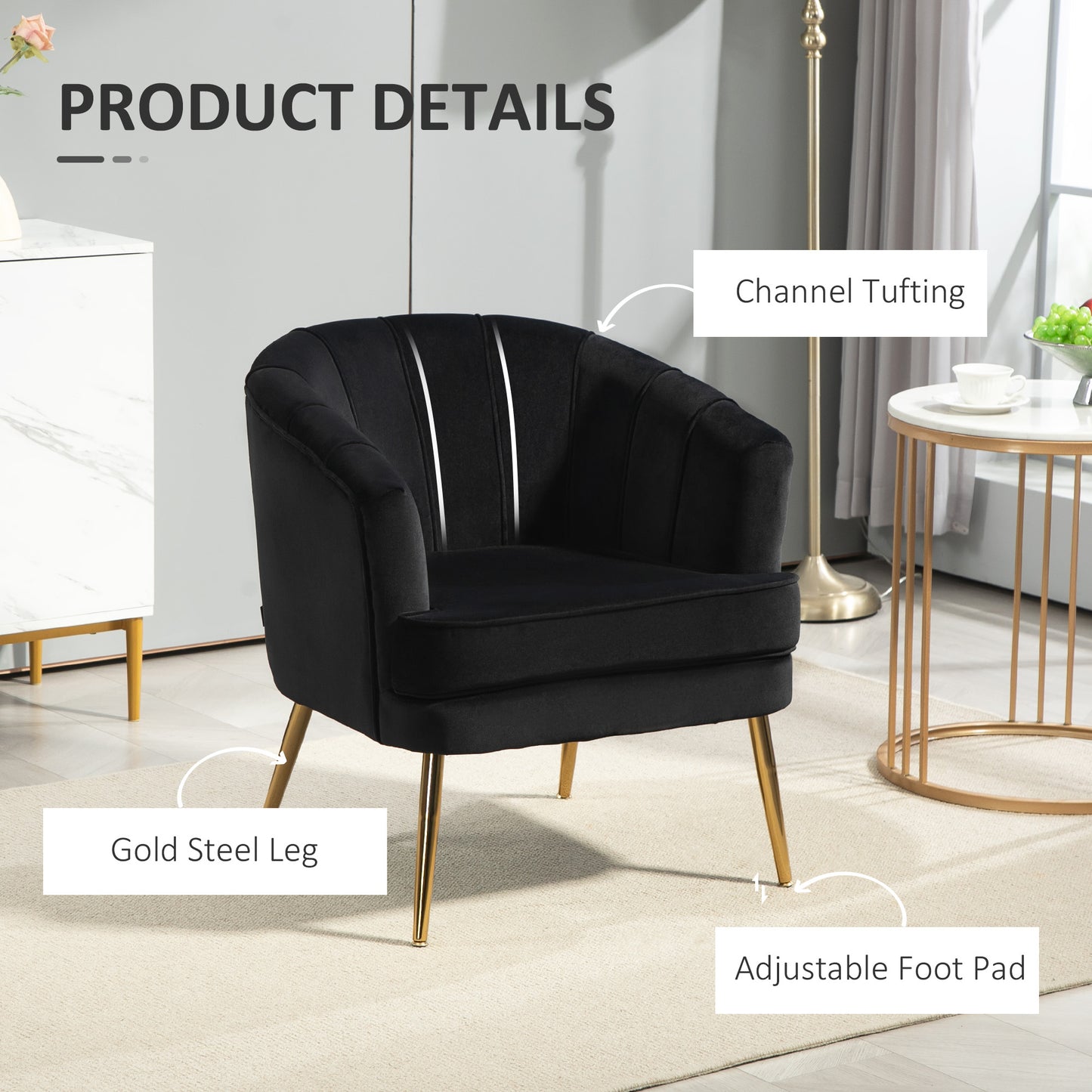 HOMCOM Fabric Armchair, Modern Accent Chair with Gold Metal Legs for Living Room, Bedroom, Home Office, Grey
