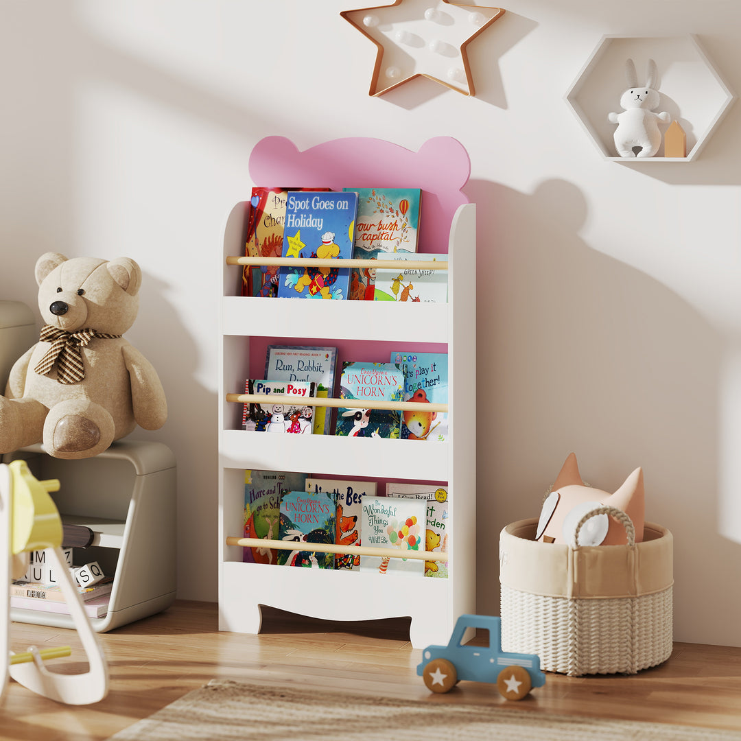 Qaba 3-Tier Bear Theme Kids Bookshelf with Anti-tipping Device for Living Room, Kids Room, Playroom, Pink