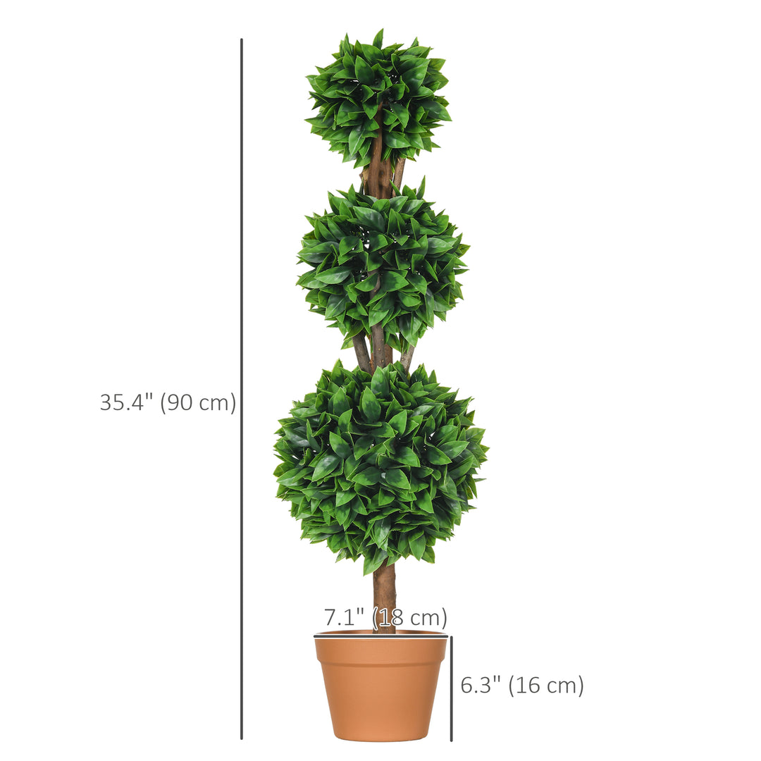 HOMCOM 2 Pack 35.5" Artificial Trees, Boxwood Topiary Ball Trees with Pot for Indoor, Outdoor, Home Office, Living Room, Green