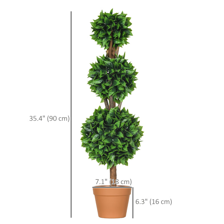 HOMCOM 2 Pack 35.5" Artificial Trees, Boxwood Topiary Ball Trees with Pot for Indoor, Outdoor, Home Office, Living Room, Green