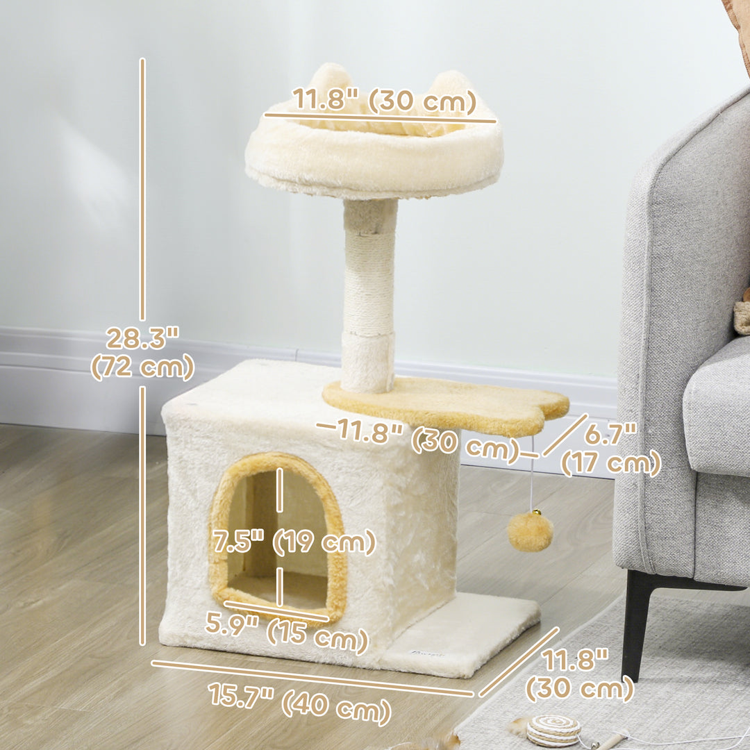 PawHut 28" Cat Tree Tower with Plush Top Bed, Cozy Condo, Sisal Scratching Post, Perch, Dangling Ball, Light Grey