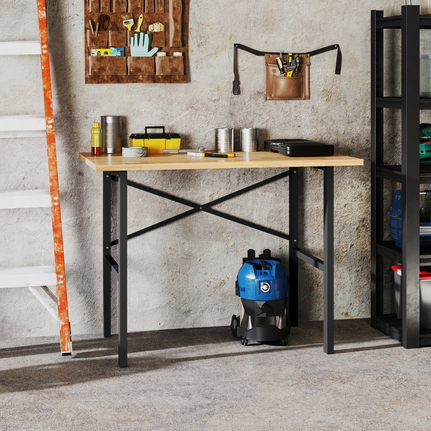 HOMCOM 46" Work bench Table Oak Wood Top, Heavy-Duty Steel Work Table High Stability Workstation, Natural Wood