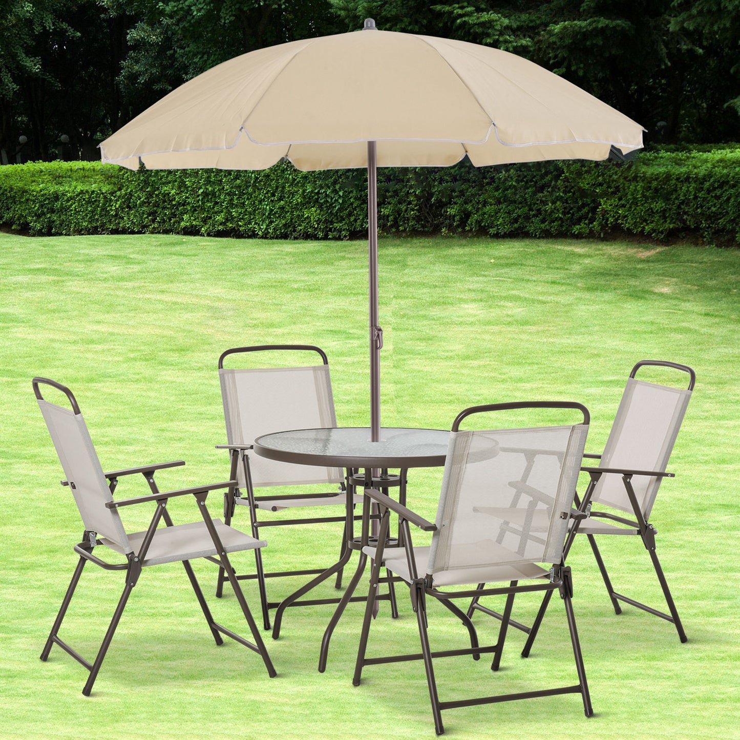 Outsunny 6 Pieces Outdoor Dining Set for 4 with Umbrella Patio Outdoor Furniture Set with Round Table 4 Folding Chairs Black
