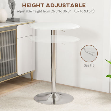 HOMCOM Modern Round Bar Table Adjustment Height Home Pub Bistro Desk Faux Leather Covered Wooden Top Chrome Base White