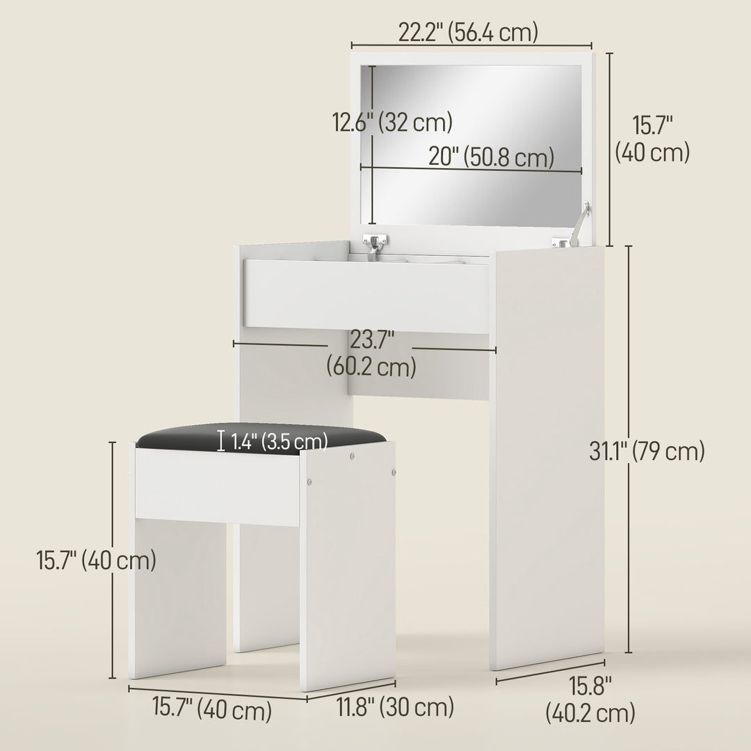HOMCOM Modern Vanity Set with Makeup Table and Cushioned Stool, Dressing Table with Flip Top and Mirror for Bedroom, White