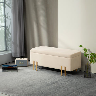 HOMCOM Storage Ottoman Bench, Flip-Top Bedroom Bench, 18.5 Gallons, Modern Velvet Storage Chest with Metal Legs, Beige