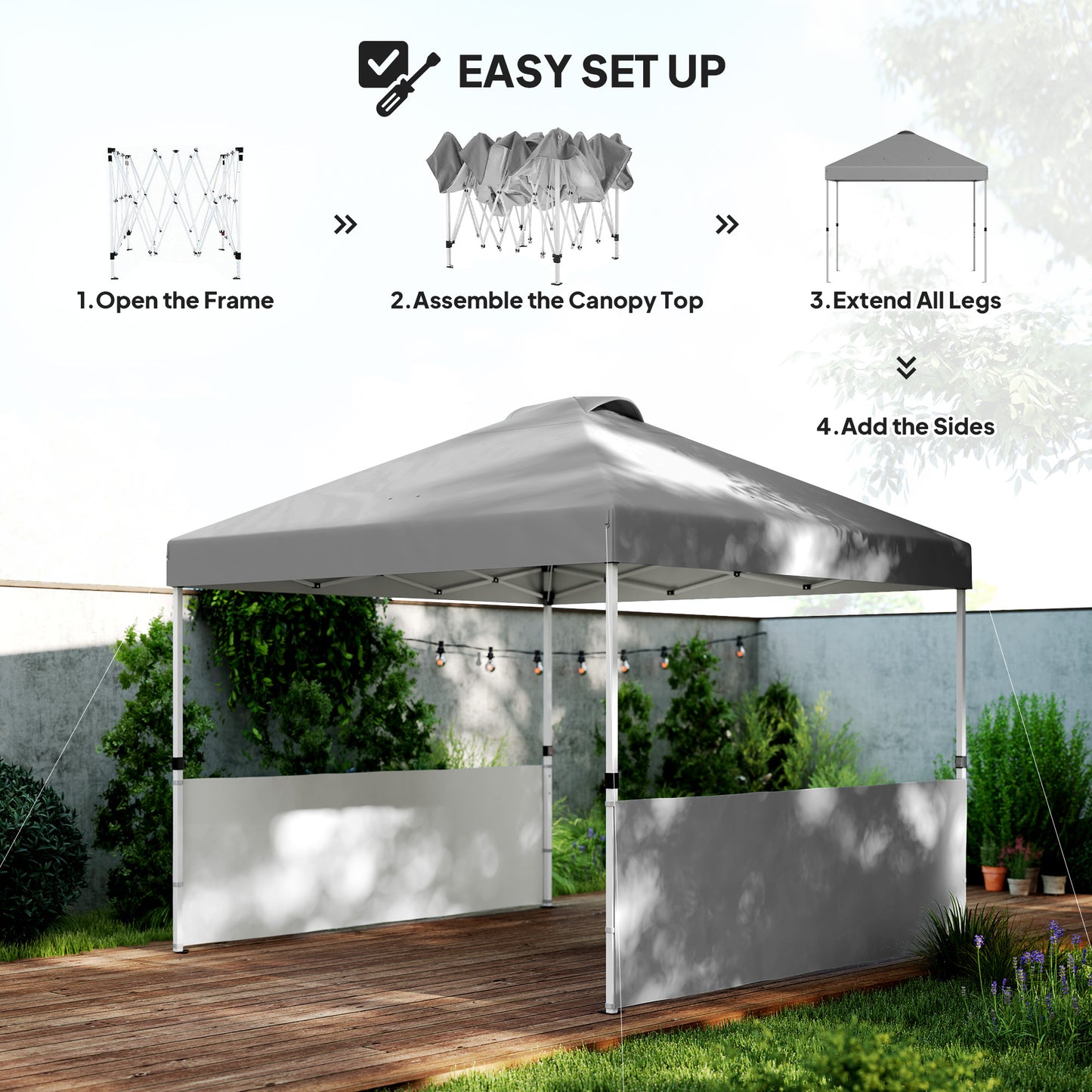 Outsunny 10' x 10' Pop Up Canopy Tent with 2 Half Sidewalls, UV50+ Height Adjustable Instant Sun Shelter, White