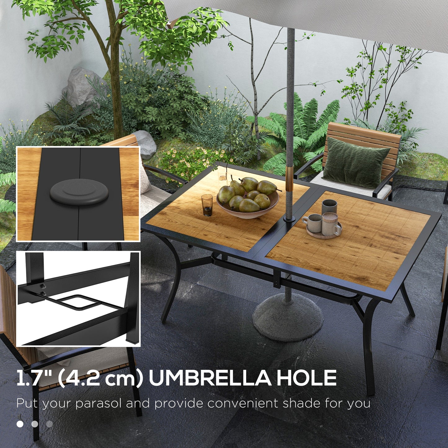 Outsunny Patio Table with Umbrella Hole, Outdoor Dining Table for 6 People for Backyard, Lawn Balcony, 59" x 35", Brown