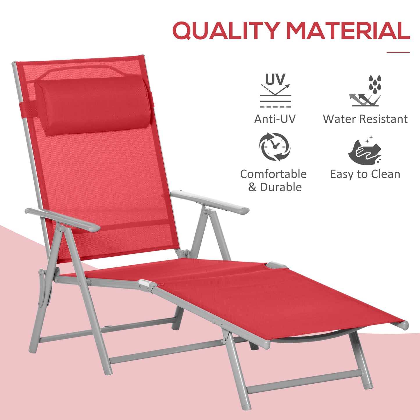 Outsunny Outdoor Folding Chaise Lounge Chair Steel Portable Recliner with 7 Adjustable Backrest Positions, Red