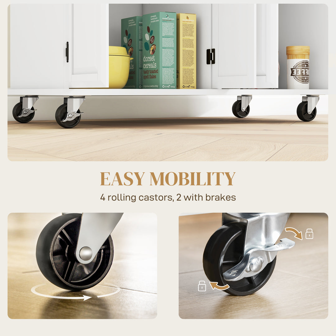 HOMCOM Kitchen Island on Wheels with Rubberwood Top, Rolling Kitchen Cart with 2 Drawers, 4 Doors and Adjustable Shelves